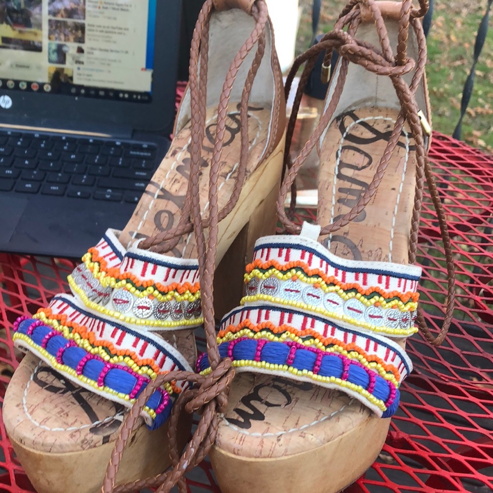 🚨B2G1  SAM EDELMAN Fiesta Beaded Colorful Ankle Strapped Heeled Clog Sandals